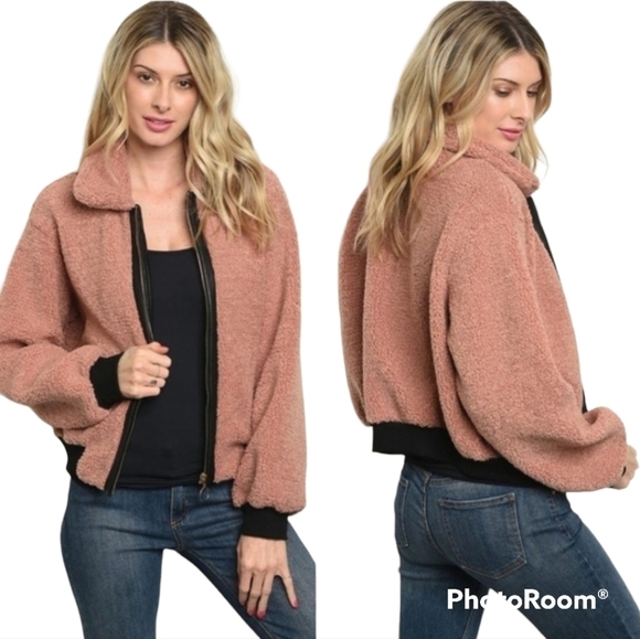 Pink Owl Tan Sherpa Teddy Full Zip Jacket Black Faux Leather Trim Size Large - Picture 1 of 10